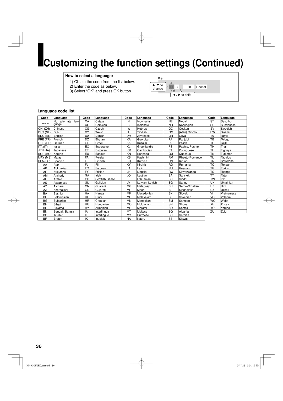 Toshiba HD-A35KU, HD-A35KC owner manual Language code list, How to select a language 