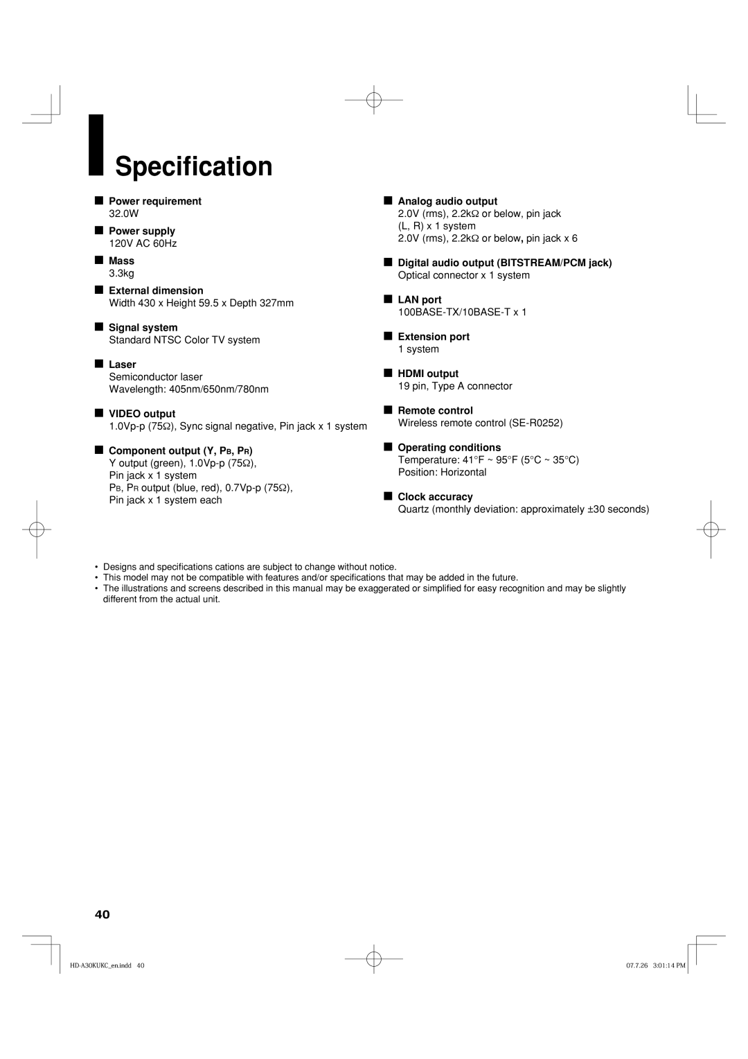 Toshiba HD-A35KU, HD-A35KC owner manual Speciﬁcation 