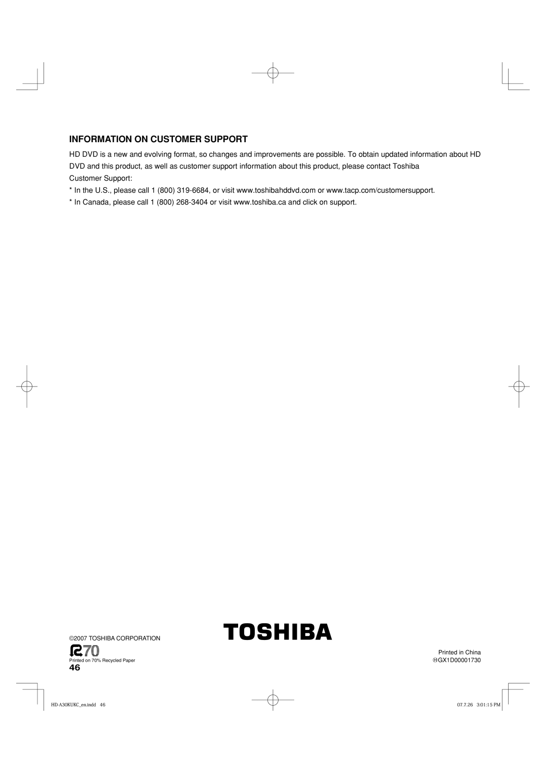 Toshiba HD-A35KU, HD-A35KC owner manual Information on Customer Support 