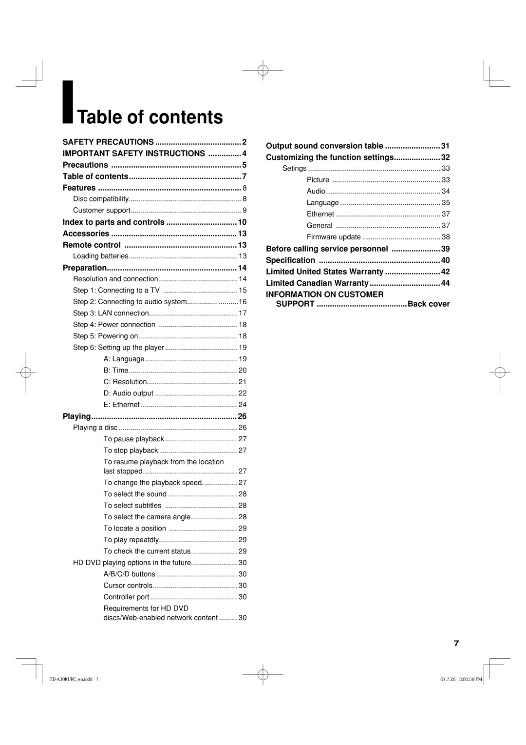 Toshiba HD-A35KC, HD-A35KU owner manual Table of contents 