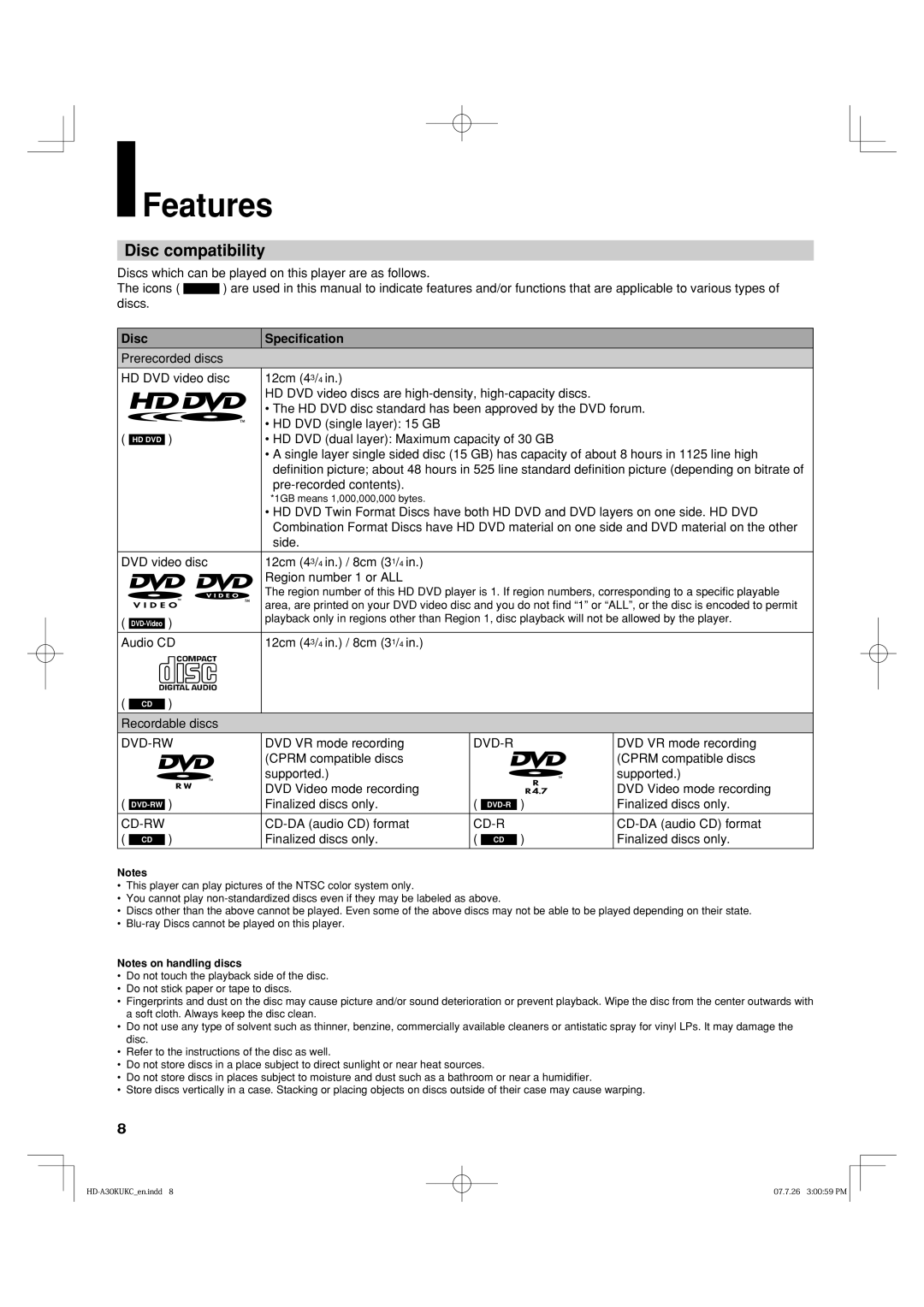 Toshiba HD-A35KU, HD-A35KC owner manual Features, Disc compatibility, Disc Speciﬁcation 