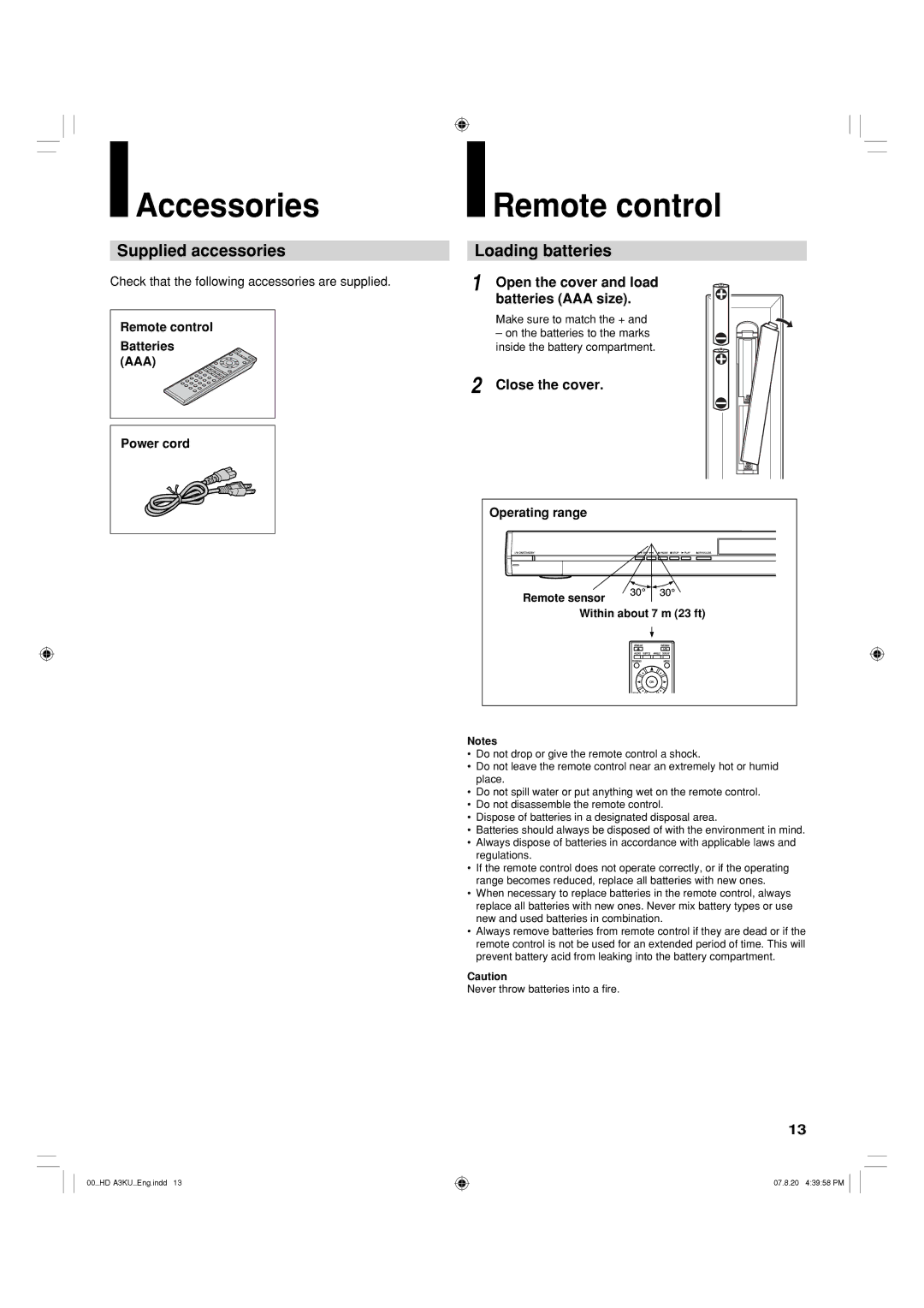 Toshiba HD-A3KC owner manual Accessories, Remote control, Supplied accessories, Loading batteries 