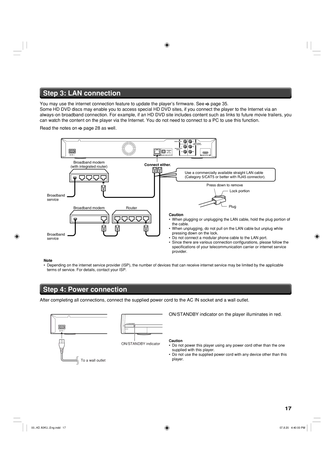 Toshiba HD-A3KC owner manual LAN connection, Power connection, Connect either, With integrated router 