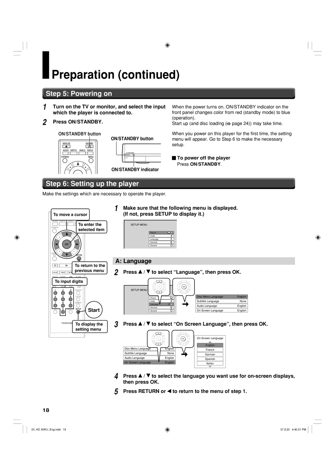 Toshiba HD-A3KC owner manual Powering on, Setting up the player, Language 