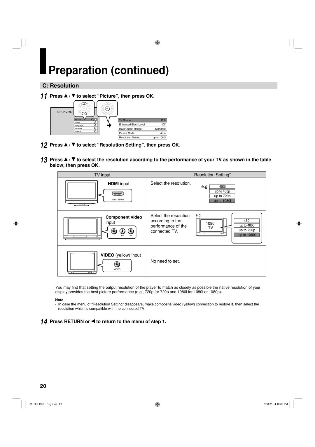 Toshiba HD-A3KC owner manual Press To select Picture, then press OK, Press To select Resolution Setting, then press OK 