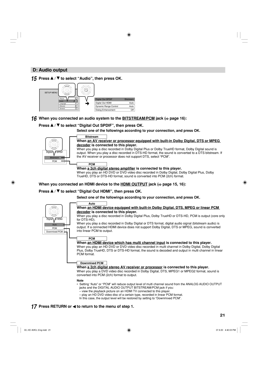 Toshiba HD-A3KC owner manual Audio output, Press / to select Audio, then press OK 