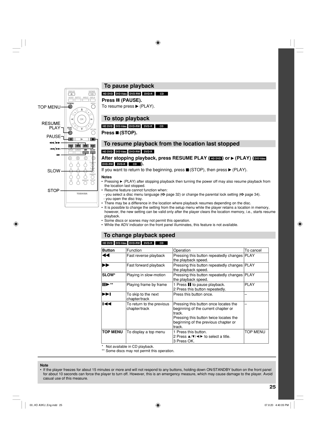 Toshiba HD-A3KC owner manual To pause playback, To stop playback, To resume playback from the location last stopped, Button 