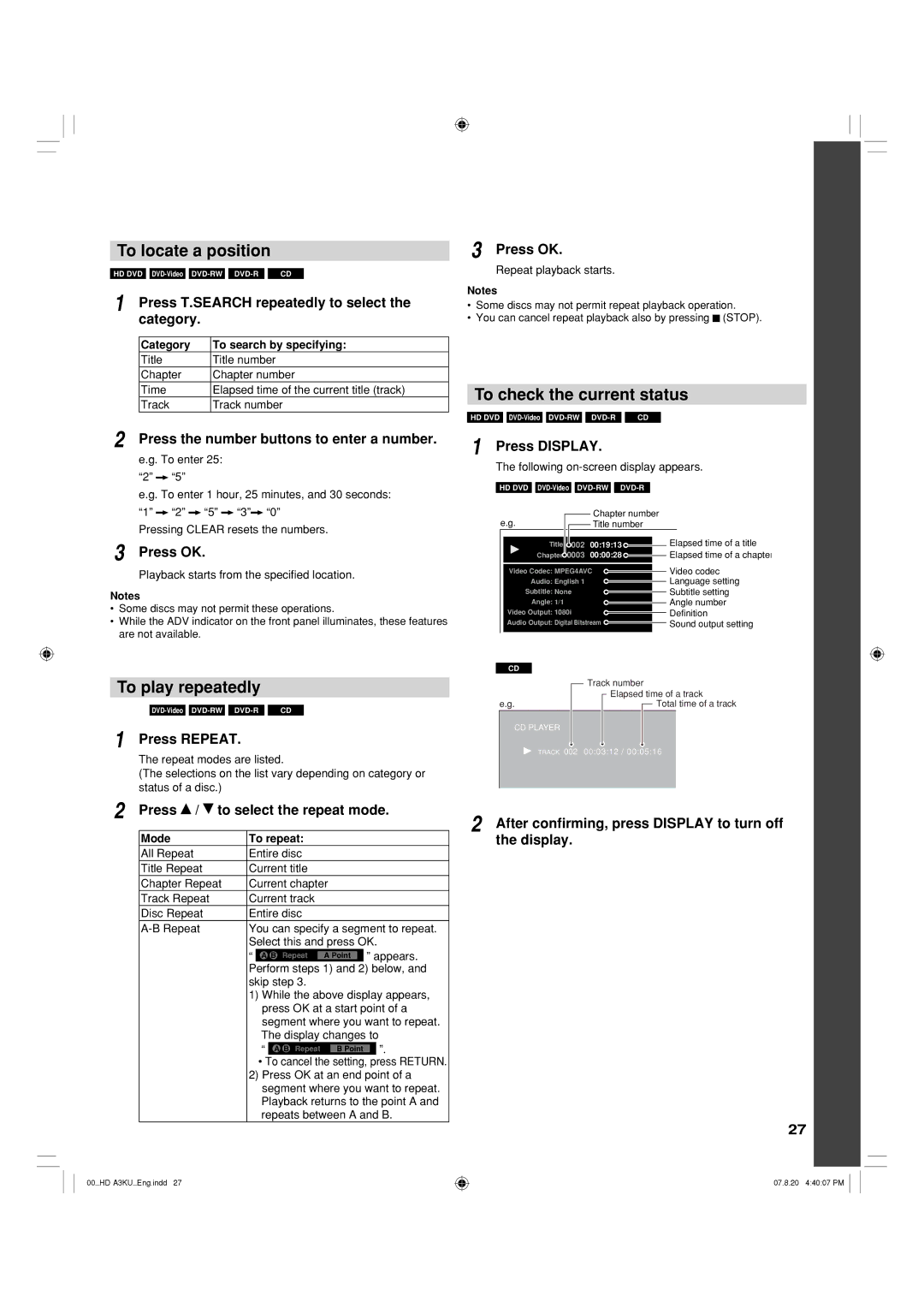 Toshiba HD-A3KC owner manual To locate a position, To play repeatedly, To check the current status 