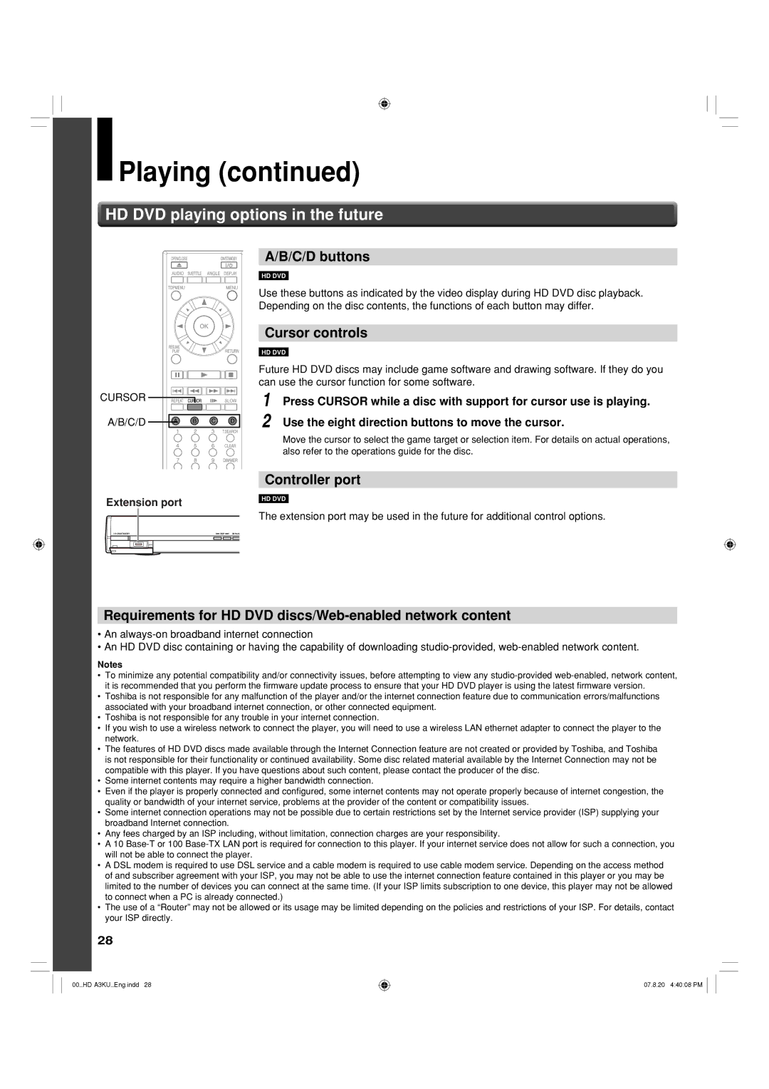 Toshiba HD-A3KC owner manual HD DVD playing options in the future, C/D buttons, Cursor controls, Controller port 