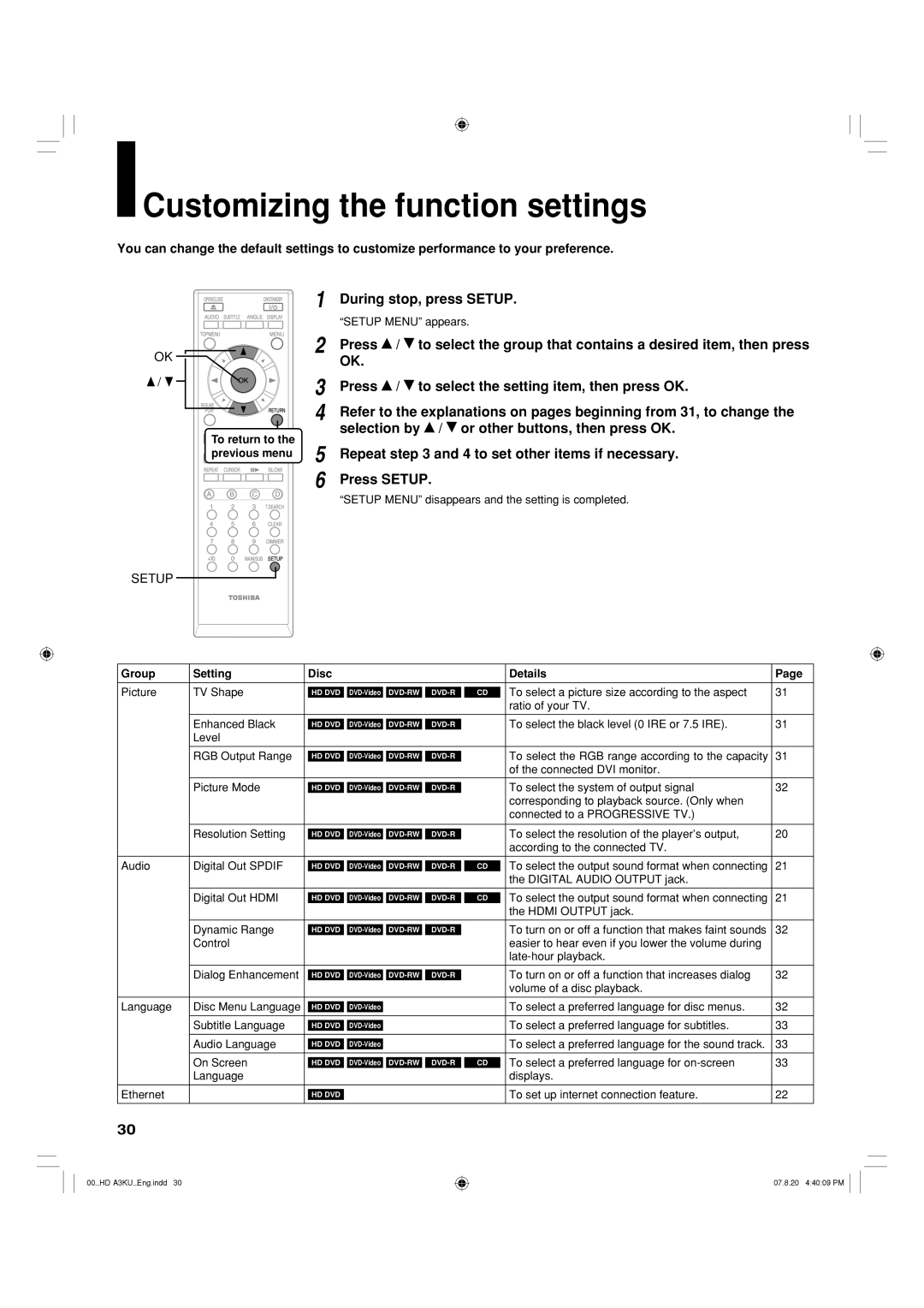 Toshiba HD-A3KC owner manual Customizing the function settings, During stop, press Setup, Setup Menu appears 