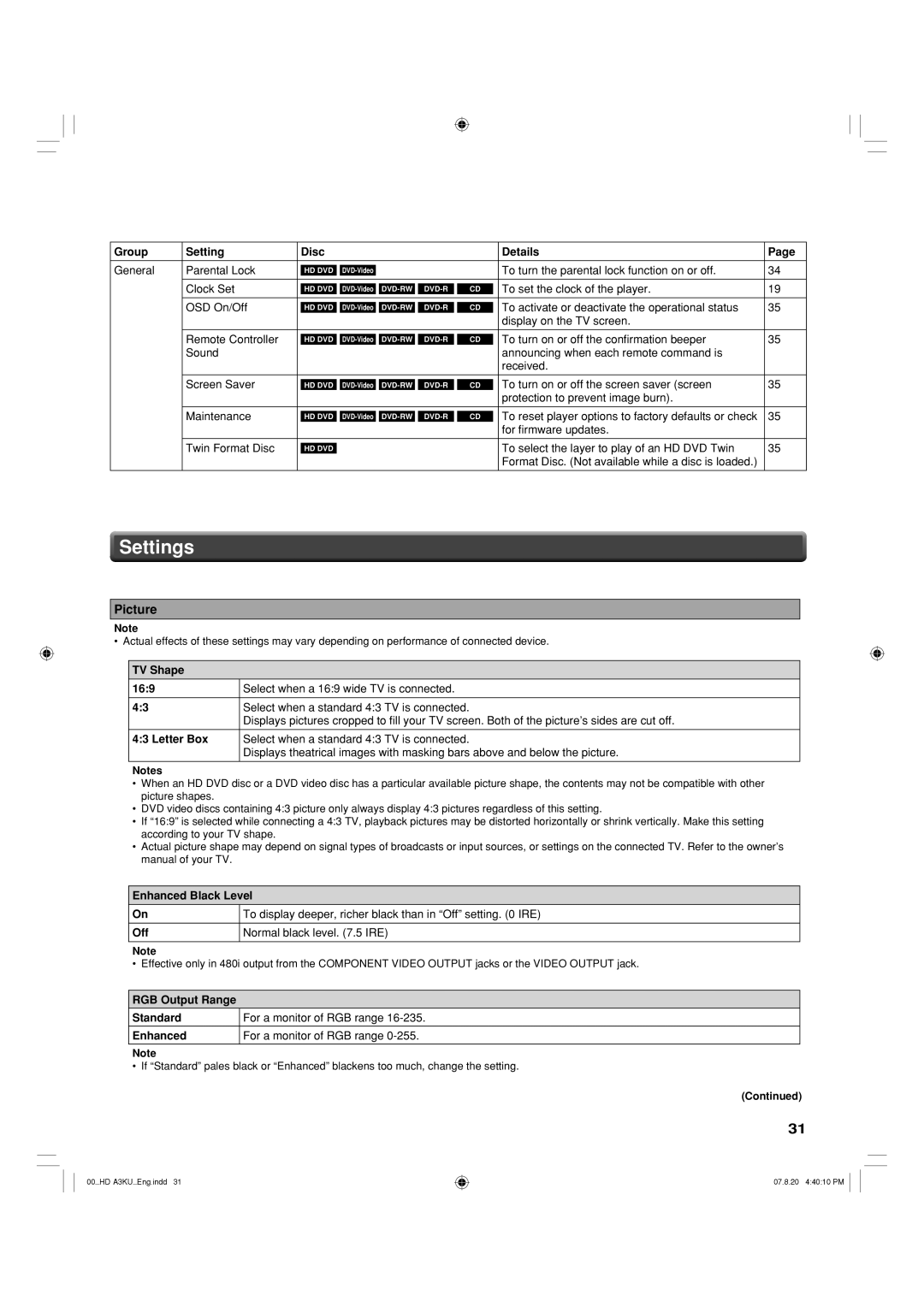 Toshiba HD-A3KC owner manual Settings, Picture 