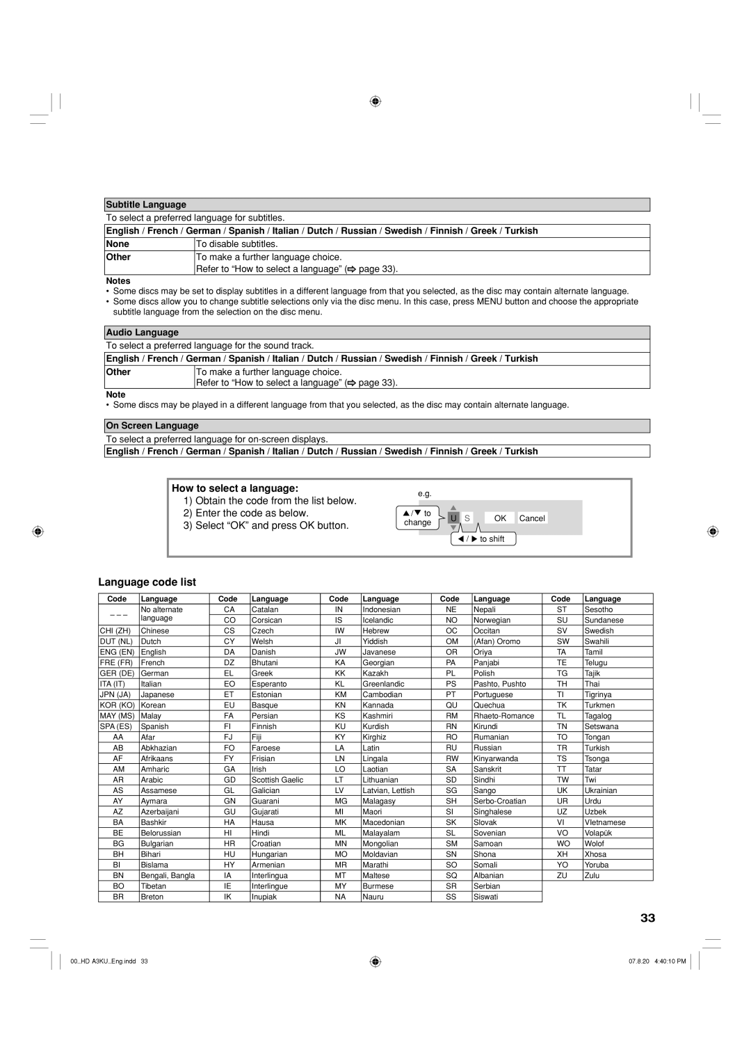 Toshiba HD-A3KC owner manual How to select a language, Subtitle Language, Audio Language, On Screen Language 