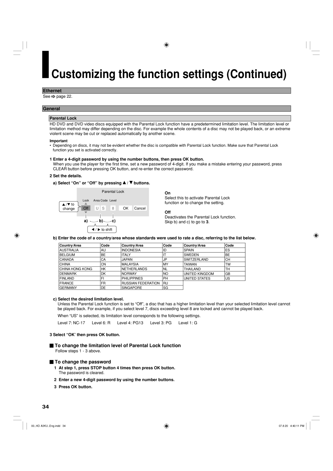 Toshiba HD-A3KC owner manual Ethernet, General 