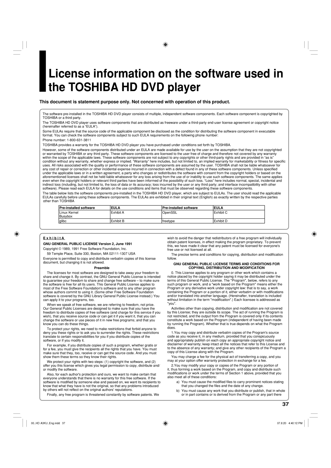Toshiba HD-A3KC owner manual Pre-installed software, H i b i t a GNU General Public License Version 2, June, Preamble 