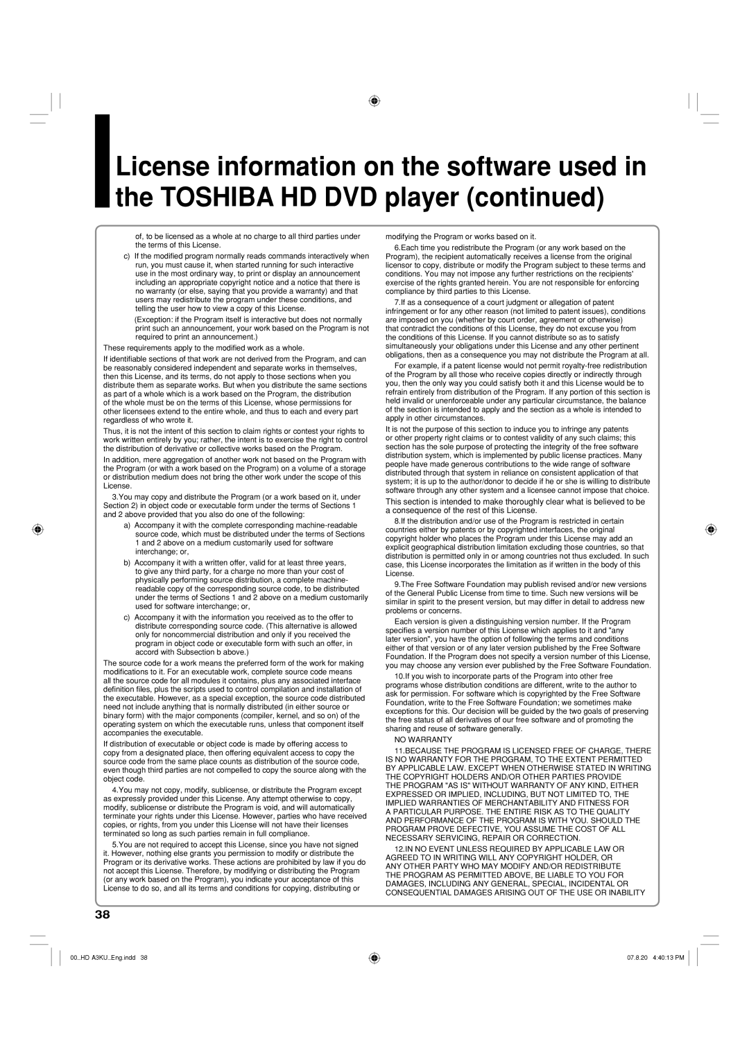 Toshiba HD-A3KC owner manual No Warranty 