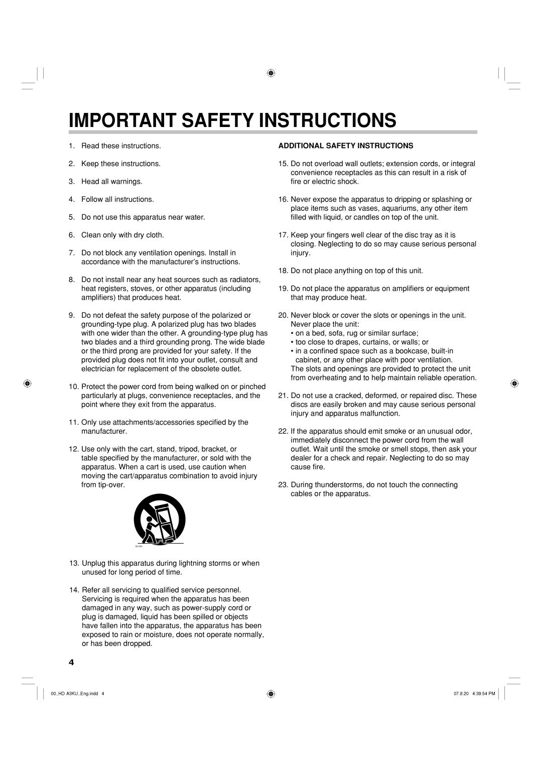 Toshiba HD-A3KC owner manual Important Safety Instructions 