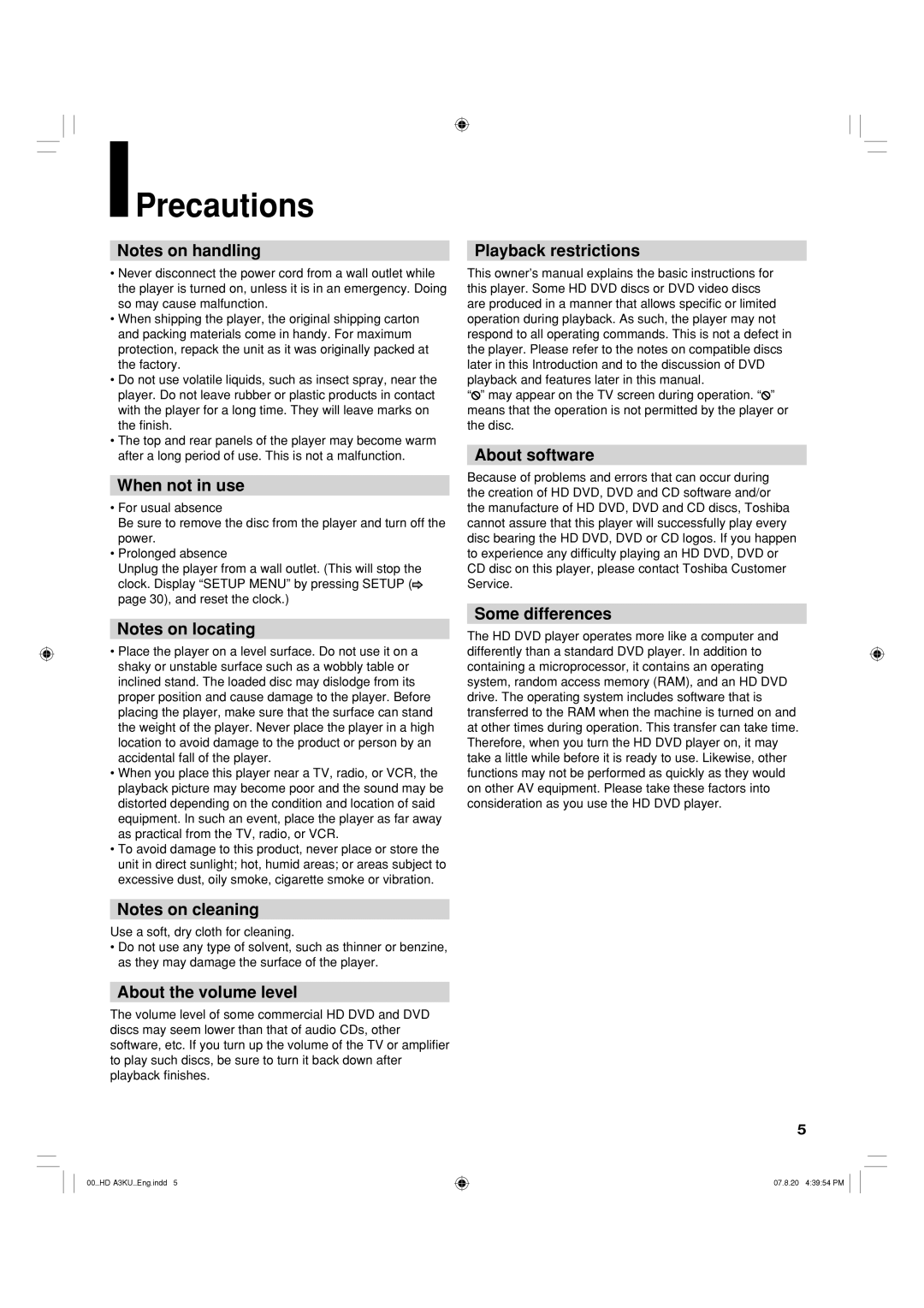 Toshiba HD-A3KC owner manual Precautions 