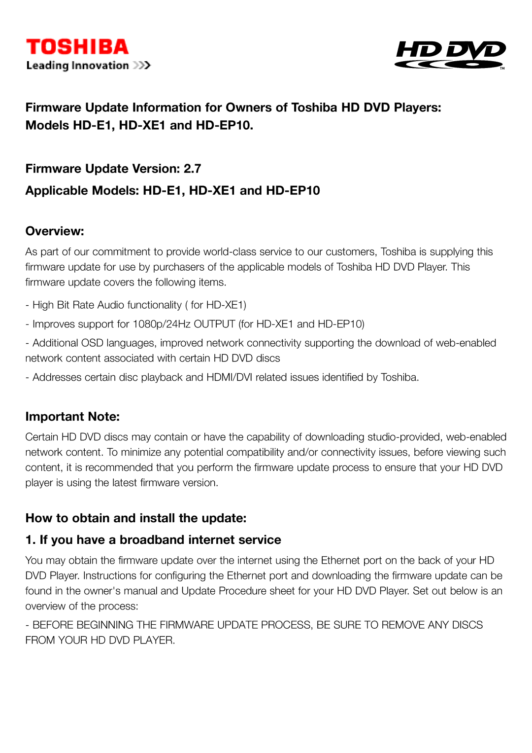 Toshiba HD-E1 owner manual Important Note 