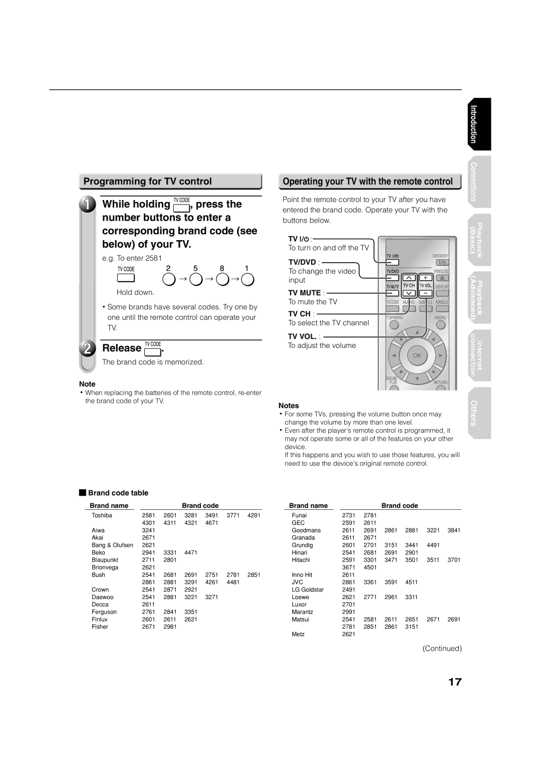 Toshiba HD-E1KE manual While holding, Release, Programming for TV control, Operating your TV with the remote control 