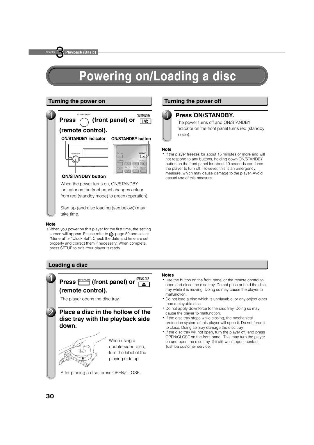 Toshiba HD-E1KE manual Powering on/Loading a disc, Press front panel or remote control, Down, Press ON/STANDBY 