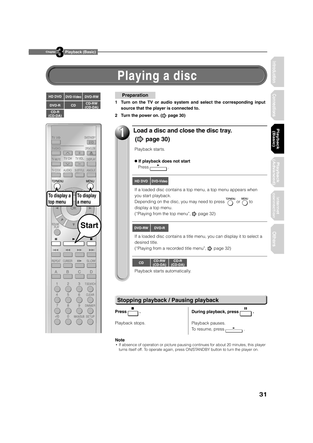 Toshiba HD-E1KE manual Playing a disc, Stopping playback / Pausing playback, If playback does not start 