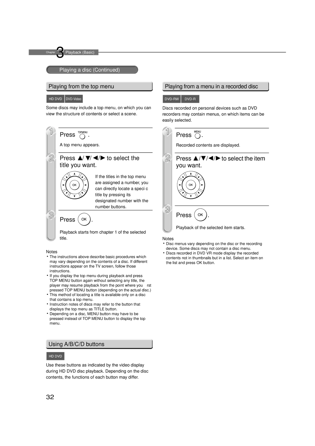 Toshiba HD-E1KE manual Title you want, Press / / / to select the item you want, Using A/B/C/D buttons 