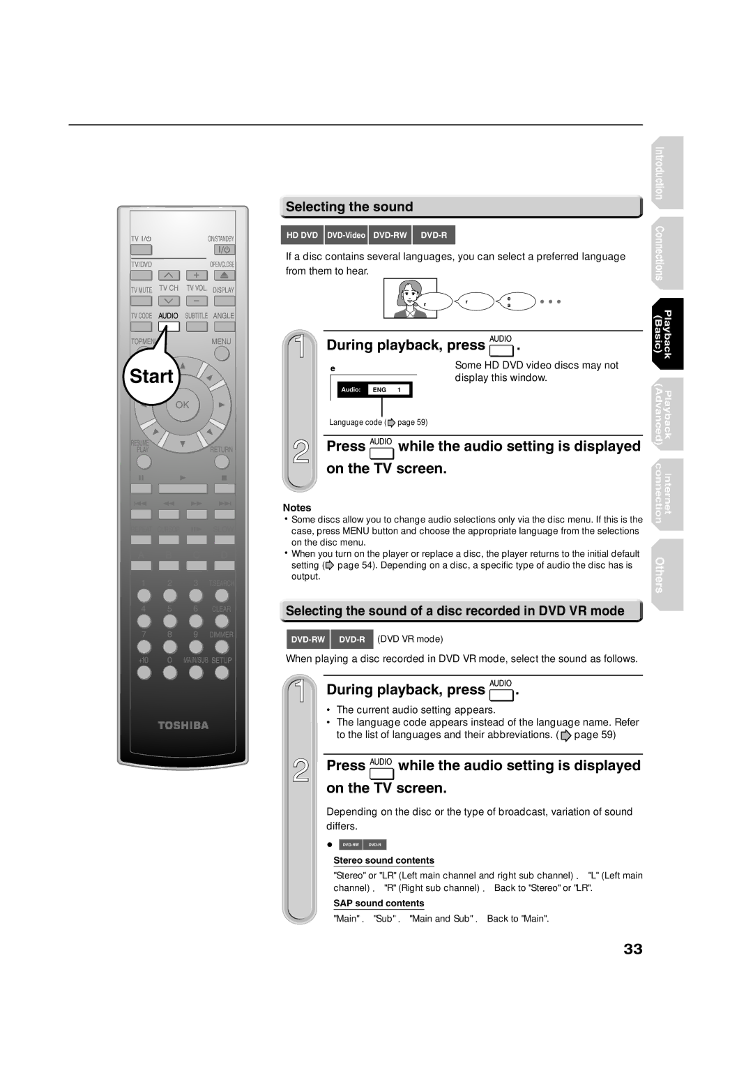 Toshiba HD-E1KE During playback, press, Press while the audio setting is displayed On the TV screen, Selecting the sound 