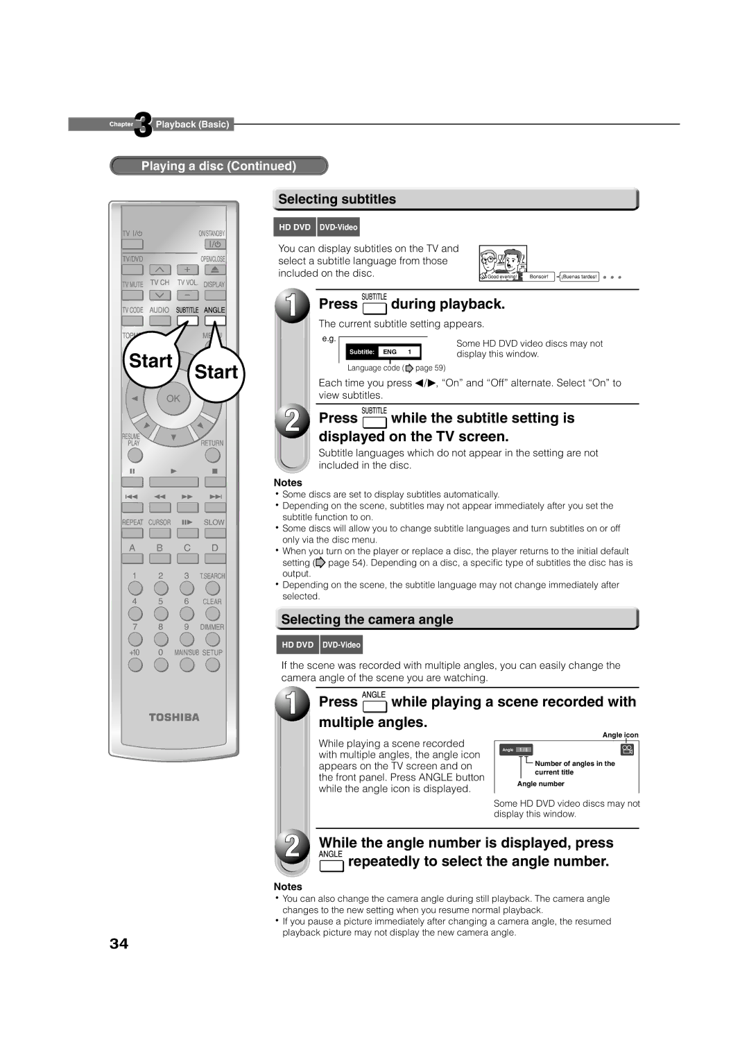 Toshiba HD-E1KE Press during playback, Press while playing a scene recorded with multiple angles, Selecting subtitles 