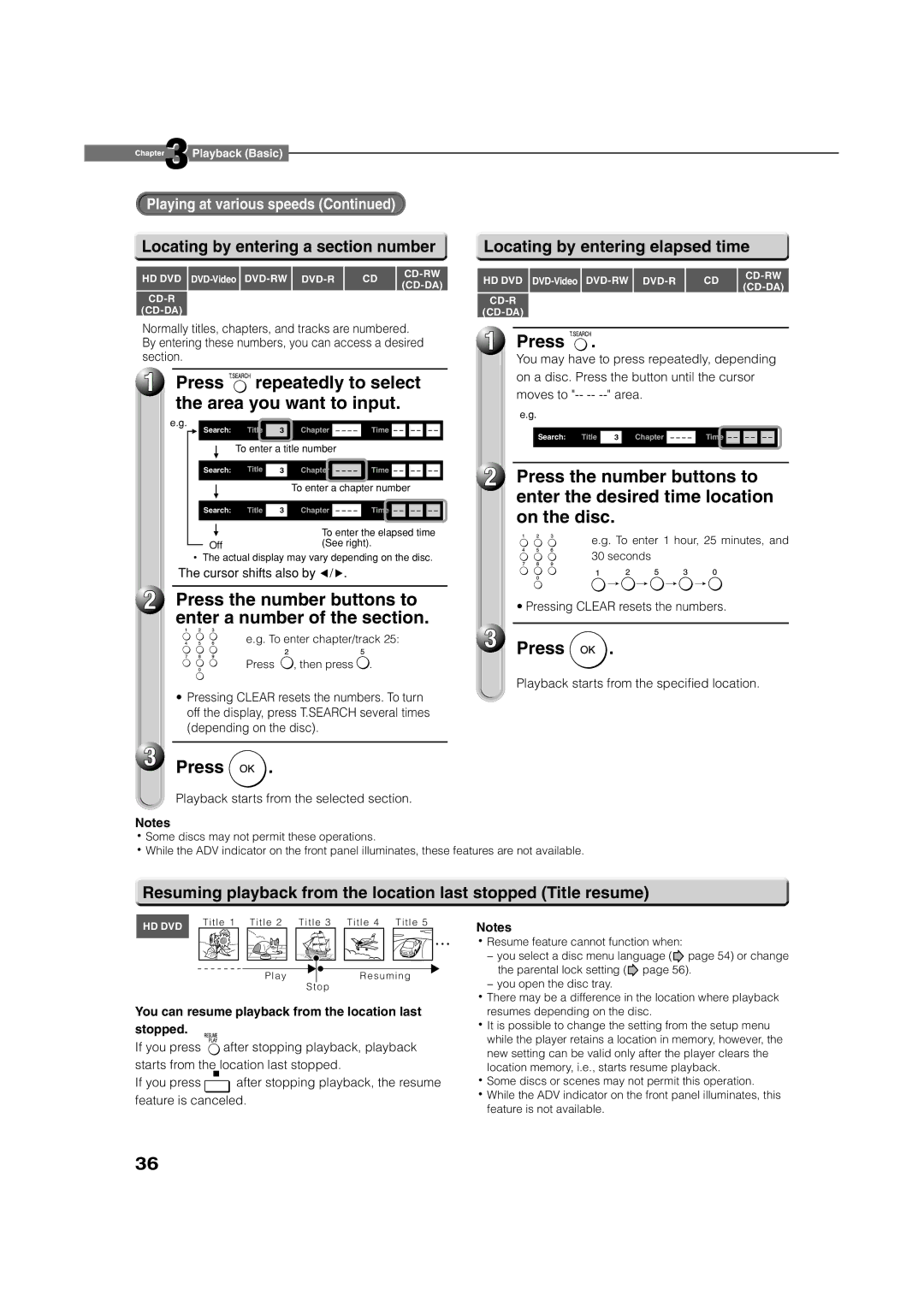 Toshiba HD-E1KE Press repeatedly to select the area you want to input, Locating by entering a section number, Stopped 