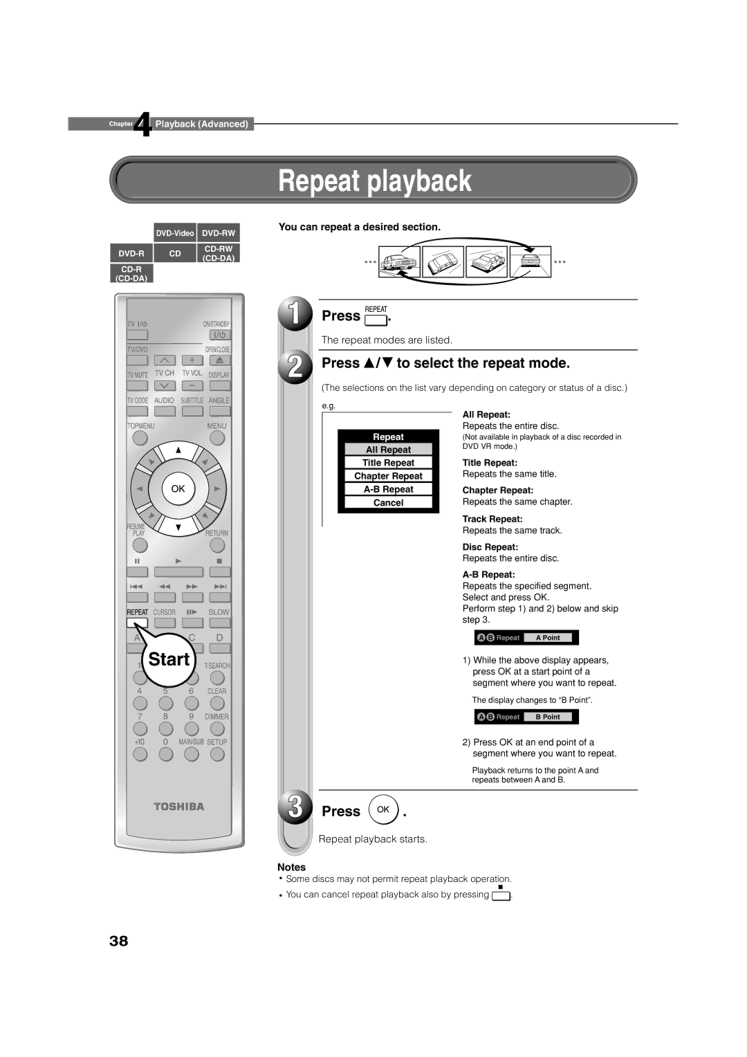 Toshiba HD-E1KE manual Press To select the repeat mode, You can repeat a desired section, Repeat playback starts 