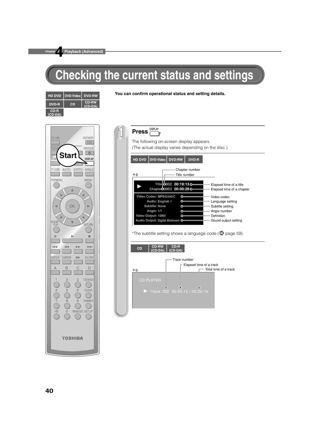 Toshiba HD-E1KE manual You can conﬁrm operational status and setting details, Subtitle setting shows a language code 