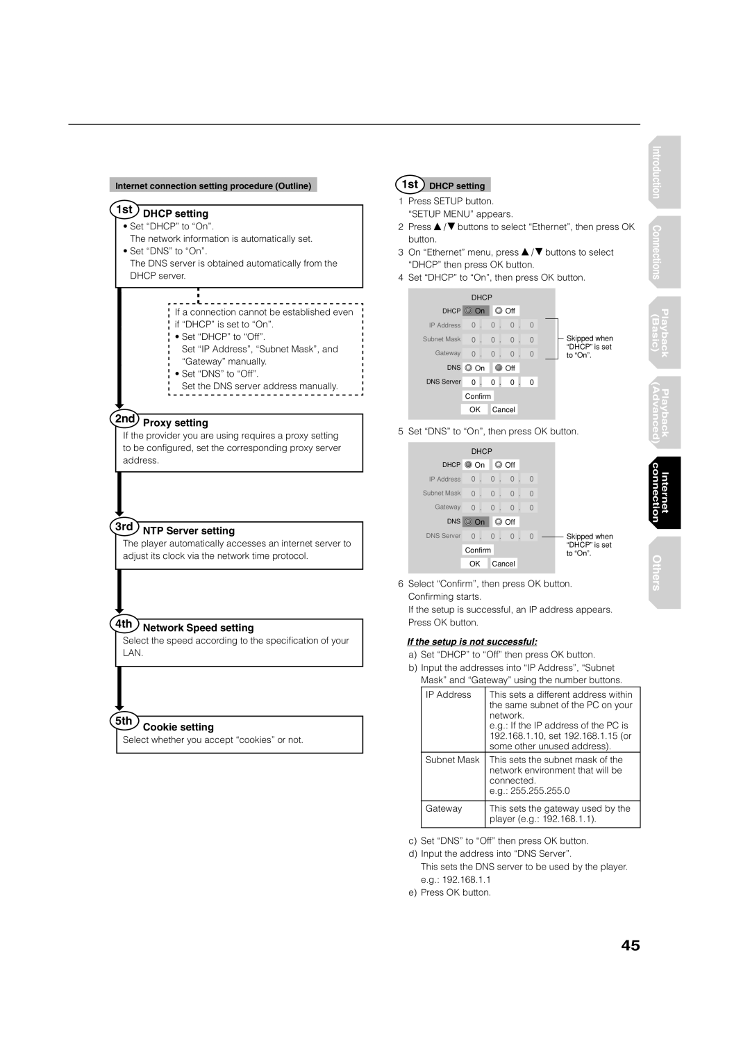 Toshiba HD-E1KE 1st Dhcp setting, 2nd Proxy setting, 3rd NTP Server setting, 4th Network Speed setting, Cookie setting 