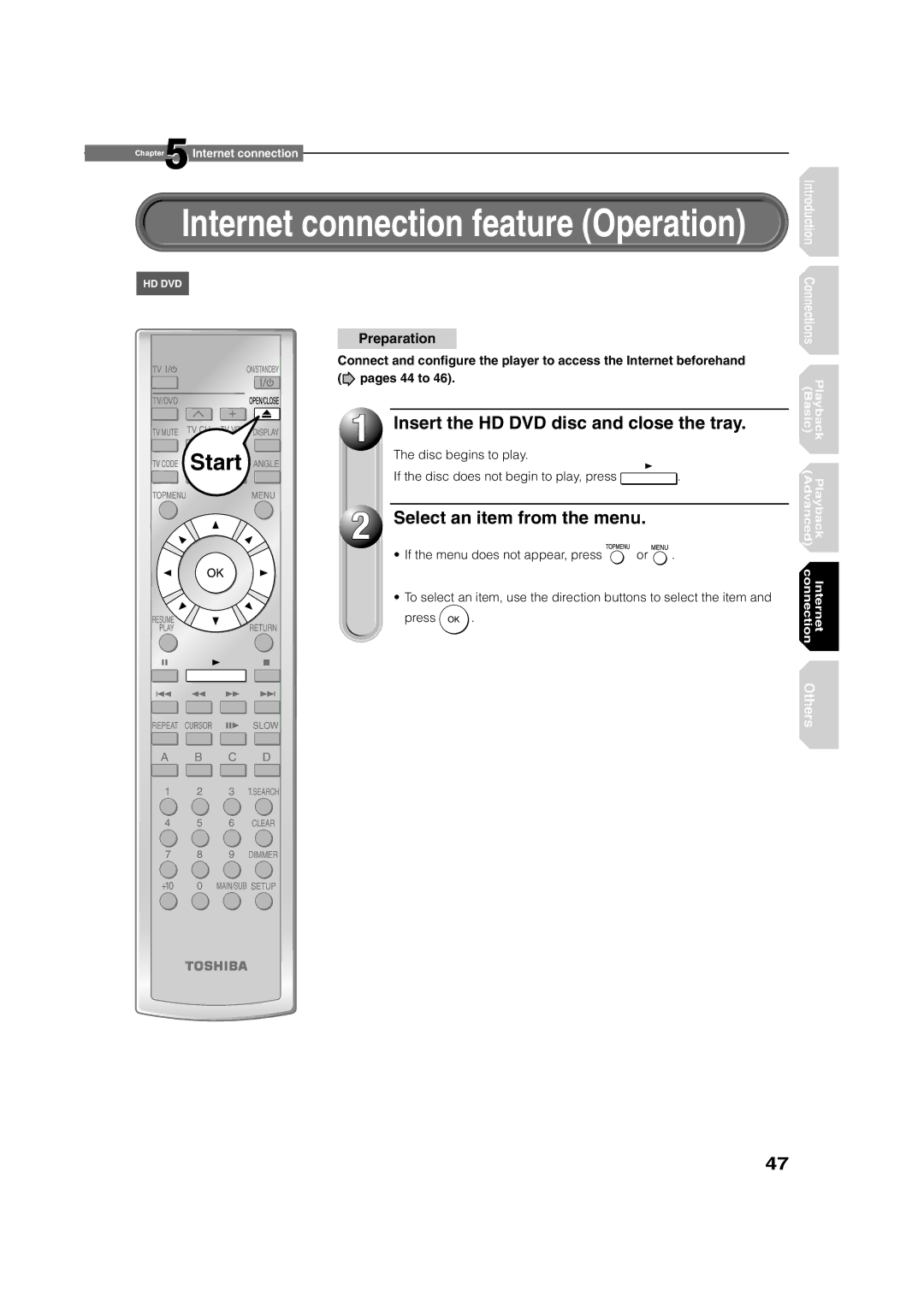 Toshiba HD-E1KE manual Insert the HD DVD disc and close the tray, Select an item from the menu 