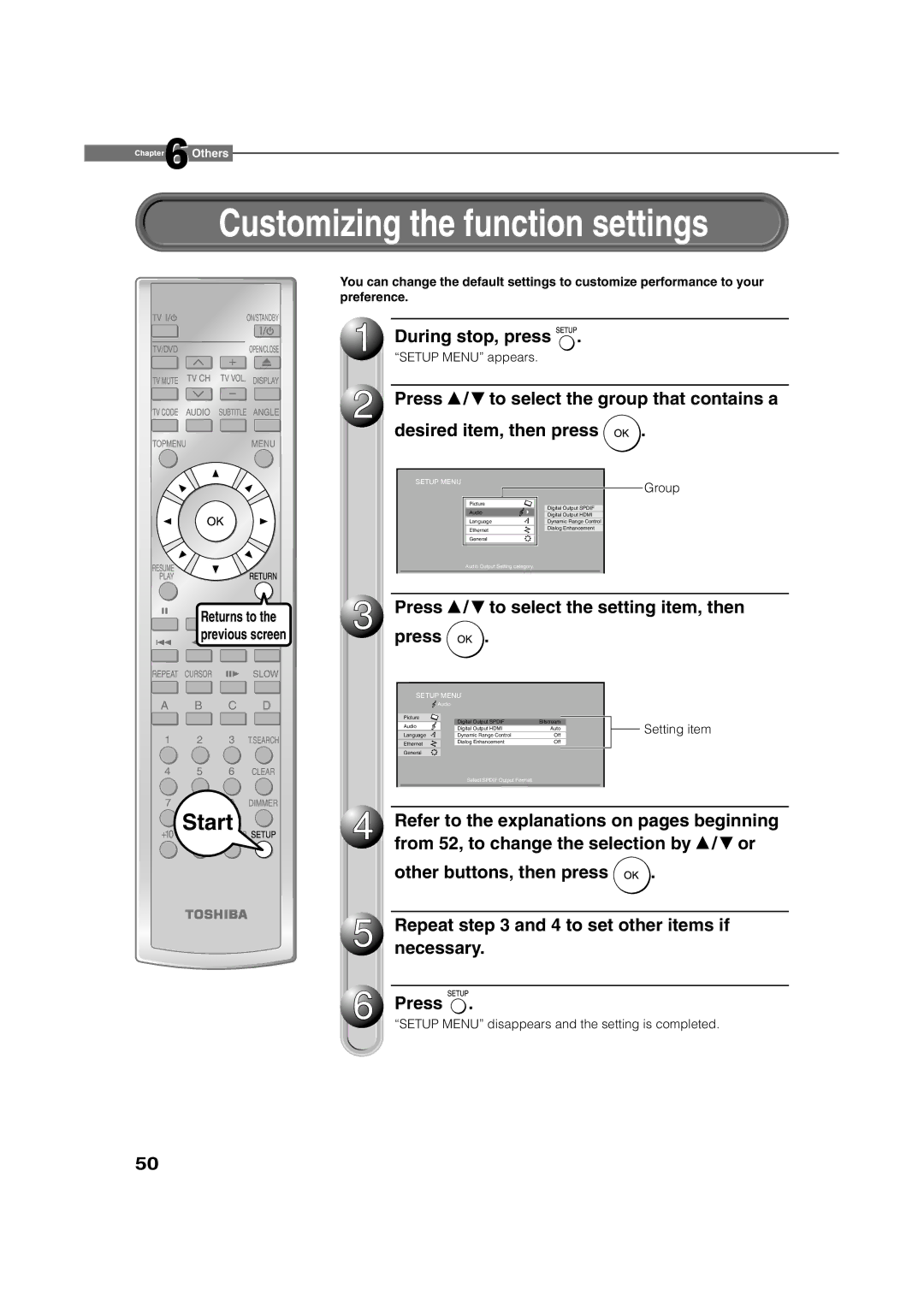 Toshiba HD-E1KE manual Customizing the function settings, During stop, press, Press / to select the setting item, then 