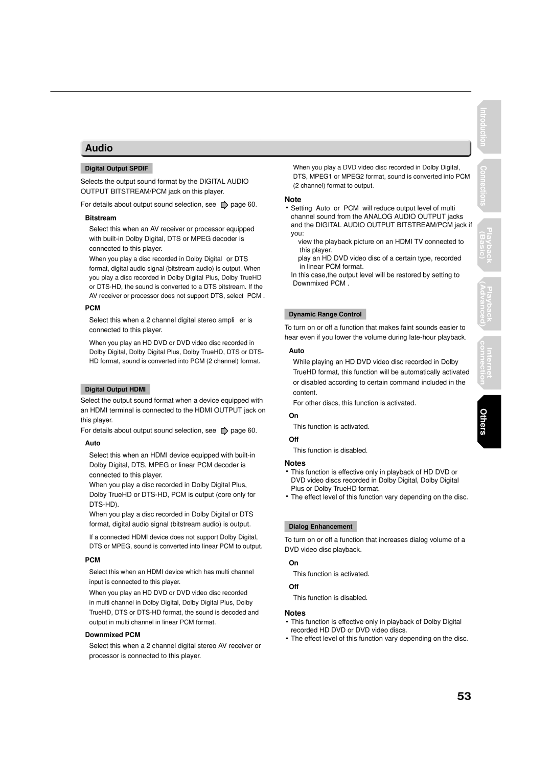 Toshiba HD-E1KE manual Audio, Bitstream, Downmixed PCM, Off 