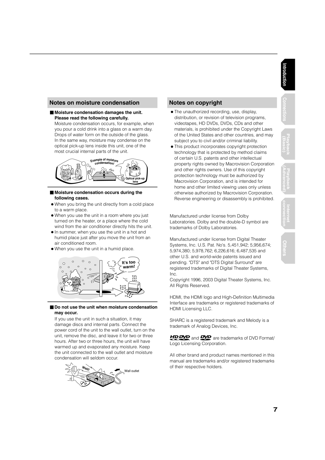 Toshiba HD-E1KE manual Moisture condensation occurs during the following cases 