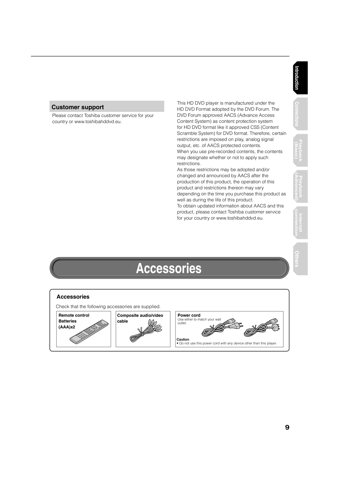 Toshiba HD-E1KE manual Accessories, Customer support, Check that the following accessories are supplied 