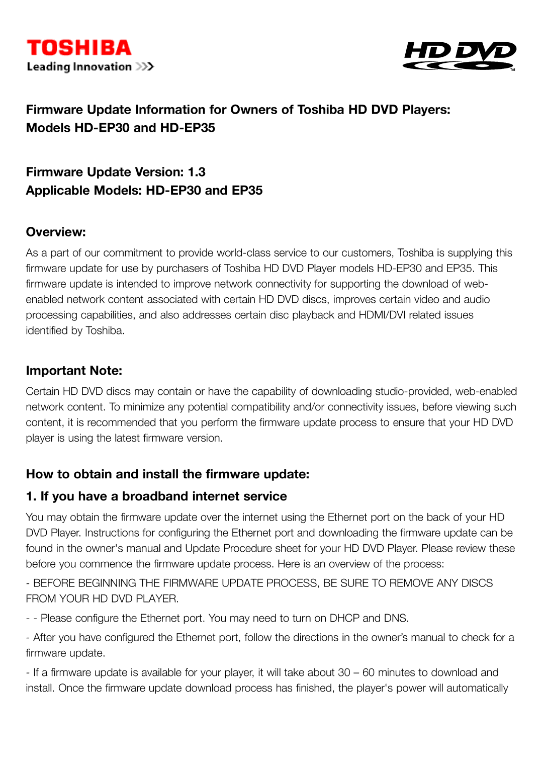 Toshiba HD-EP35, HD-EP30 owner manual Important Note 