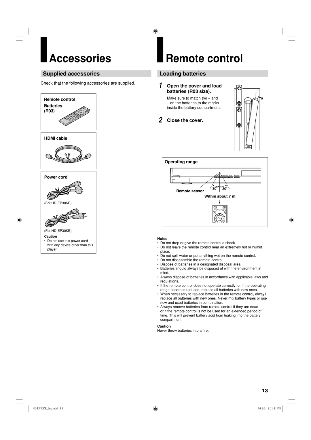 Toshiba HD-EP30KE, HD-EP30KB owner manual Accessories, Remote control, Supplied accessories, Loading batteries 