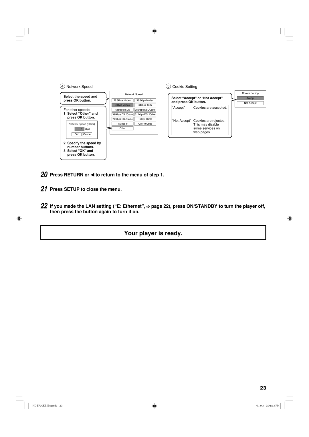 Toshiba HD-EP30KE, HD-EP30KB owner manual Network Speed, Cookie Setting 