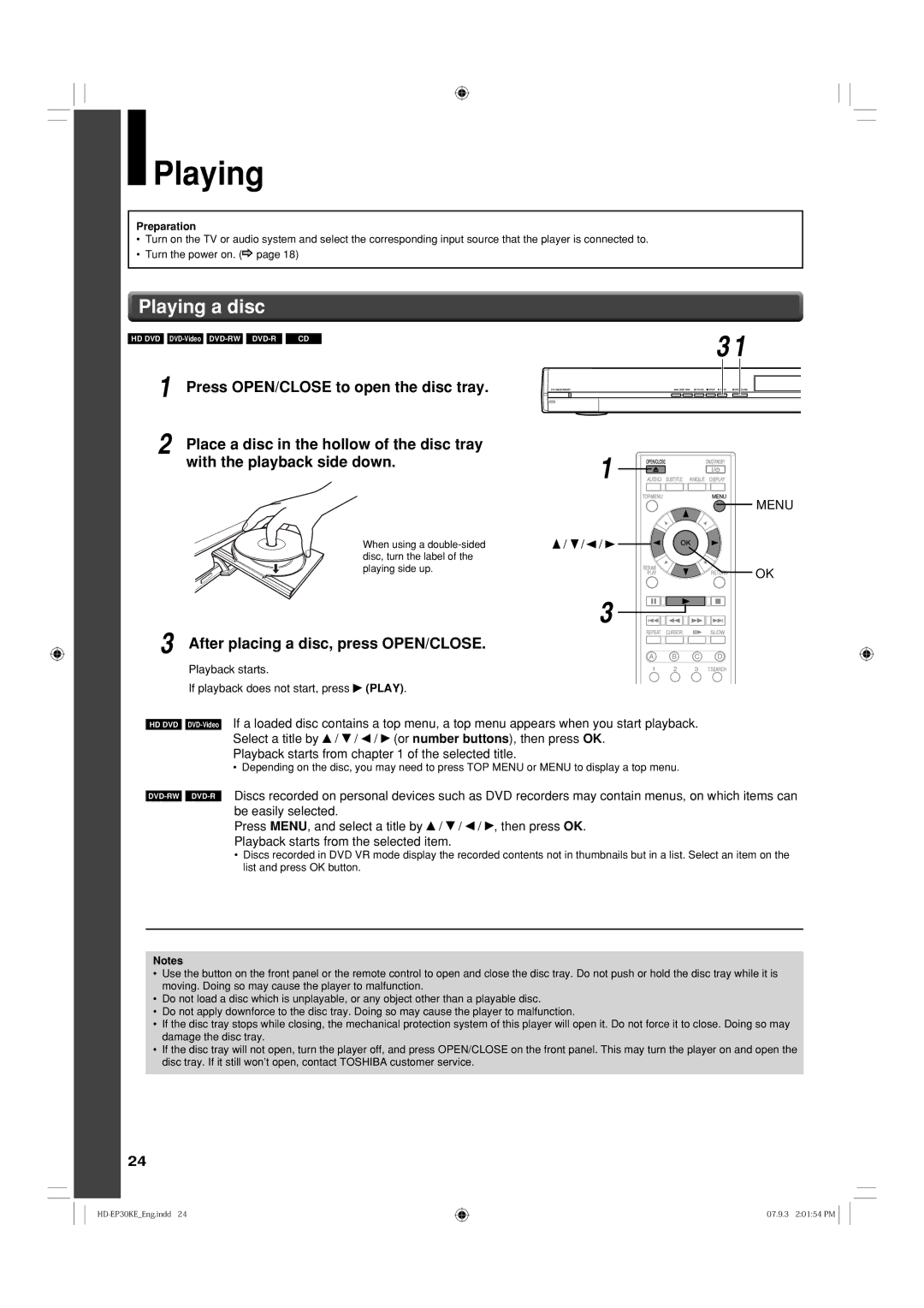 Toshiba HD-EP30KB, HD-EP30KE owner manual Playing a disc, Playback starts If playback does not start, press Play 