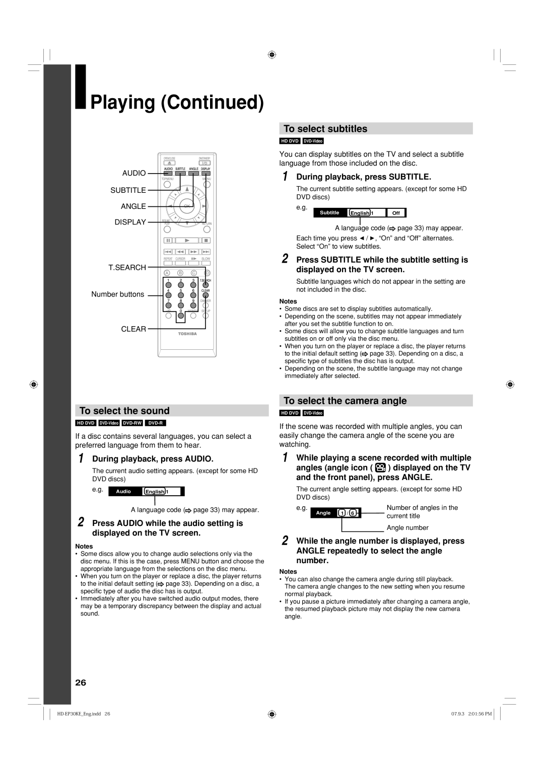 Toshiba HD-EP30KB To select subtitles, To select the sound, To select the camera angle, During playback, press Subtitle 