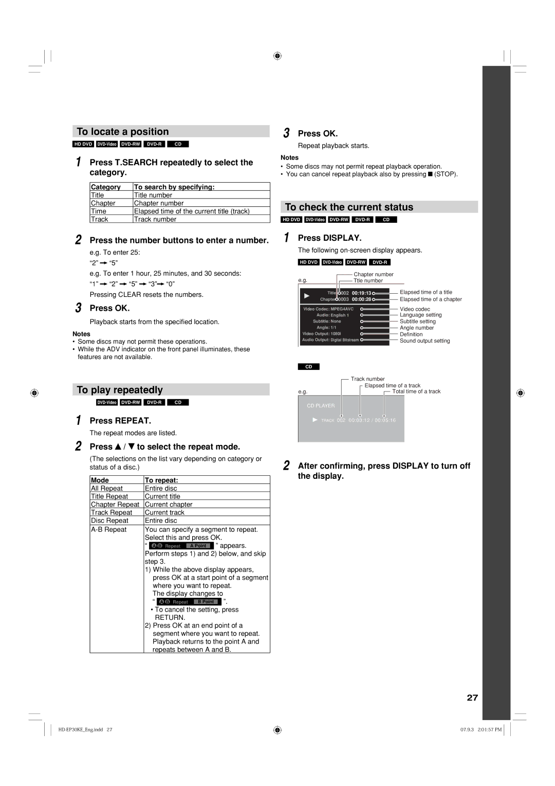 Toshiba HD-EP30KE, HD-EP30KB owner manual To locate a position, To check the current status, To play repeatedly 