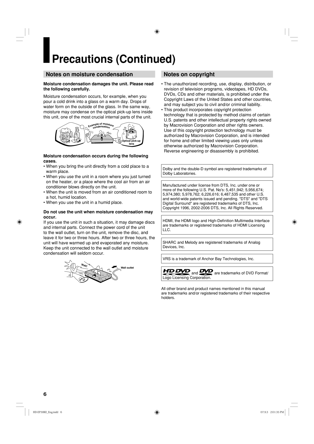 Toshiba HD-EP30KB, HD-EP30KE owner manual Moisture condensation occurs during the following cases 