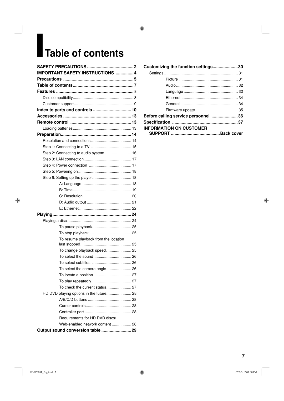 Toshiba HD-EP30KE, HD-EP30KB owner manual Table of contents 