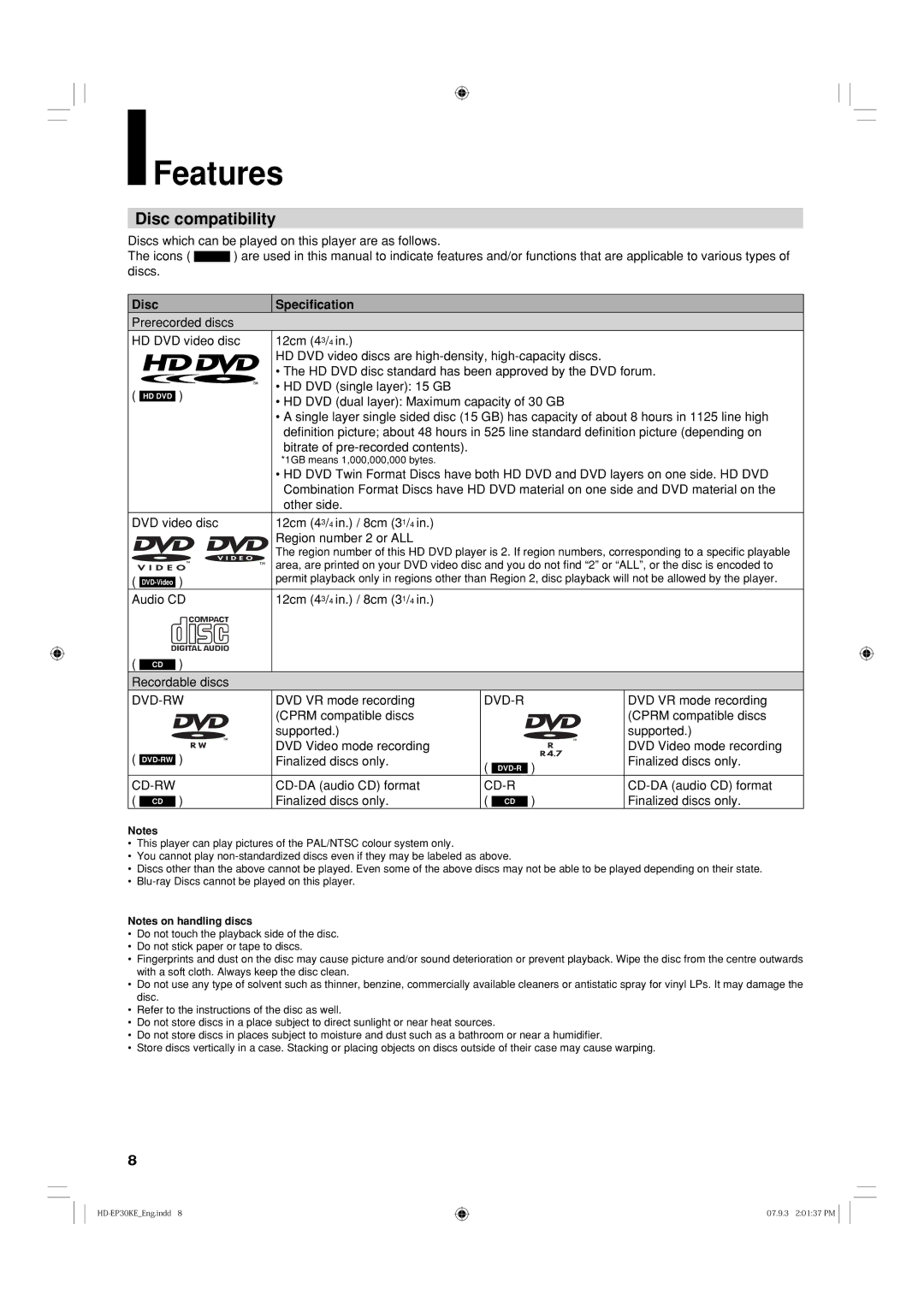 Toshiba HD-EP30KB, HD-EP30KE owner manual Features, Disc compatibility, Disc Speciﬁcation 