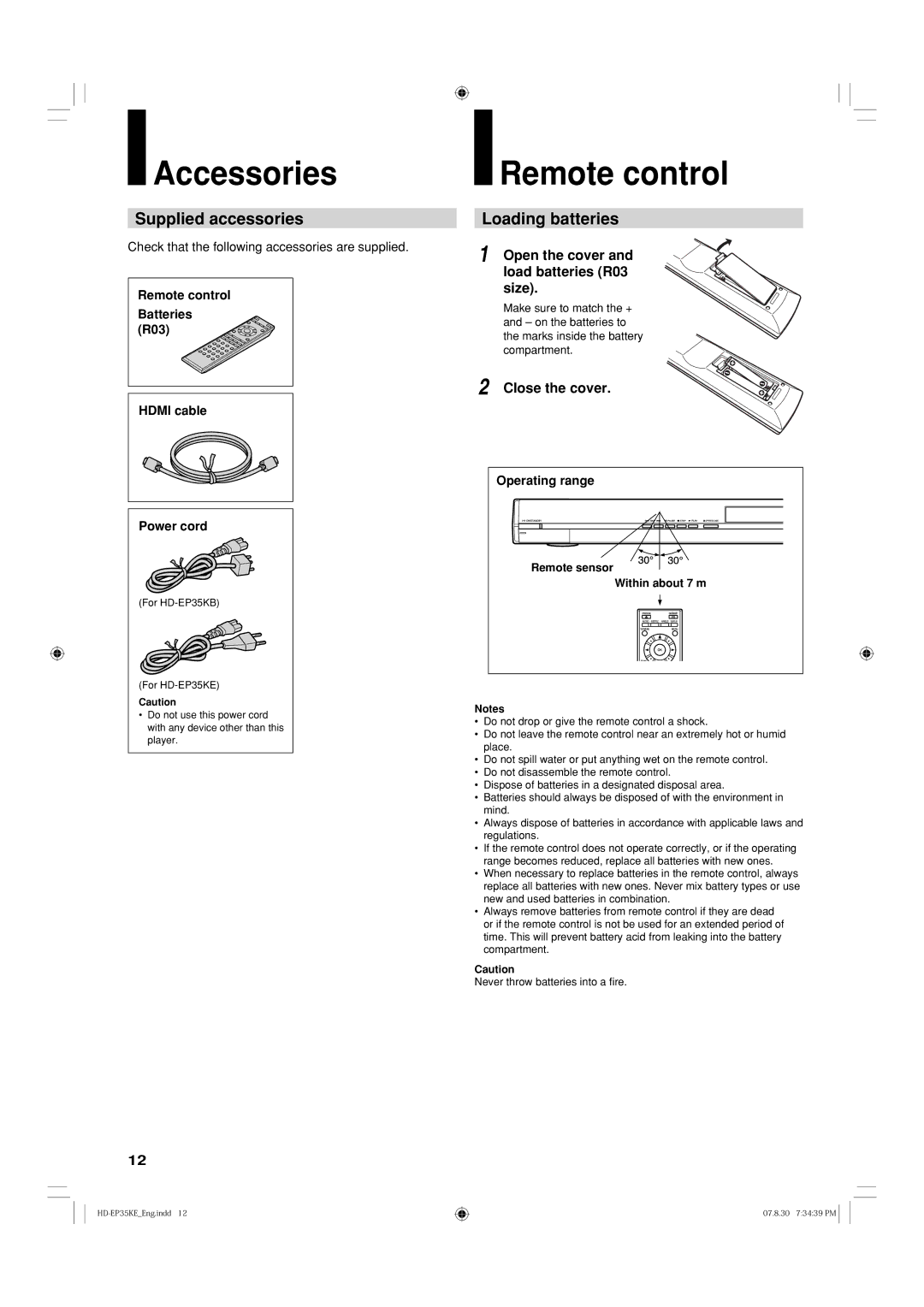 Toshiba HD-EP35KB manual Accessories, Remote control, Supplied accessories, Loading batteries 