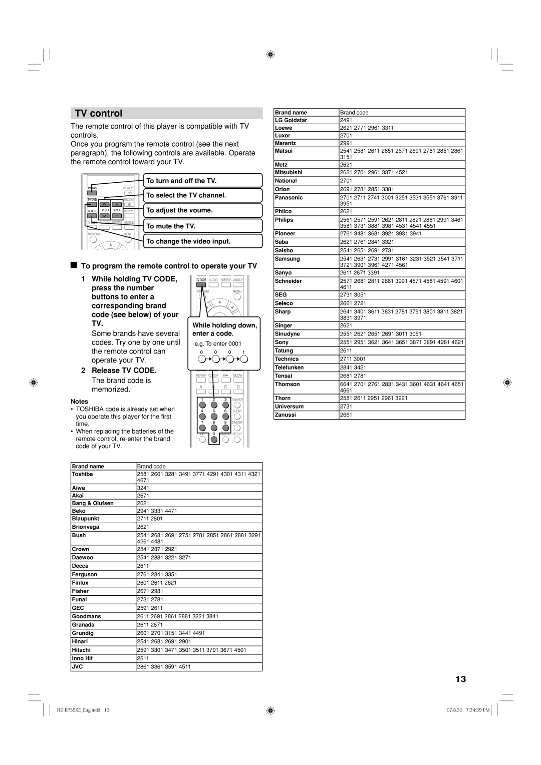 Toshiba HD-EP35KB manual TV control, To program the remote control to operate your TV, While holding down, enter a code 