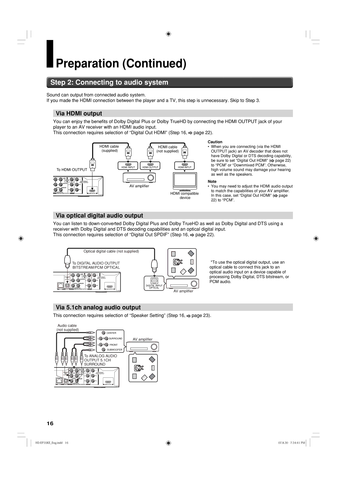 Toshiba HD-EP35KB manual Connecting to audio system, Via Hdmi output, Via optical digital audio output 