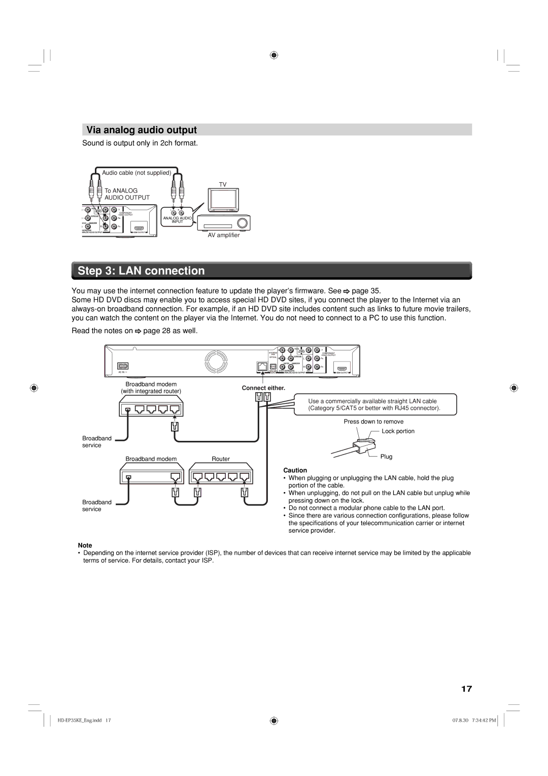 Toshiba HD-EP35KB manual LAN connection, Via analog audio output 